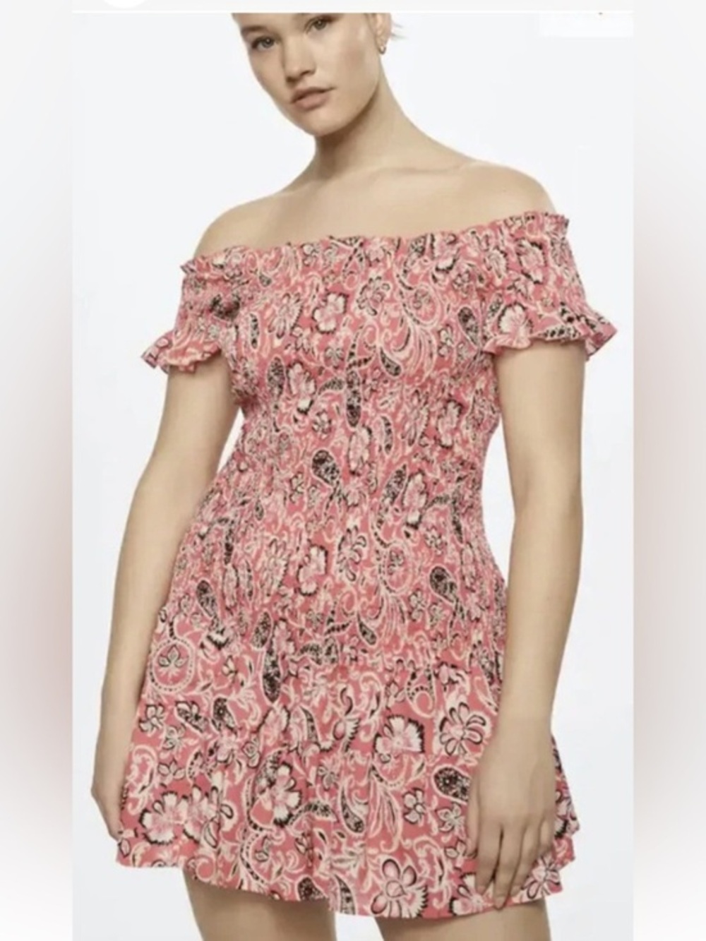 Mango Smoked Orange summerdress Ruffles Paisley Off The Shoulder Boho 1X